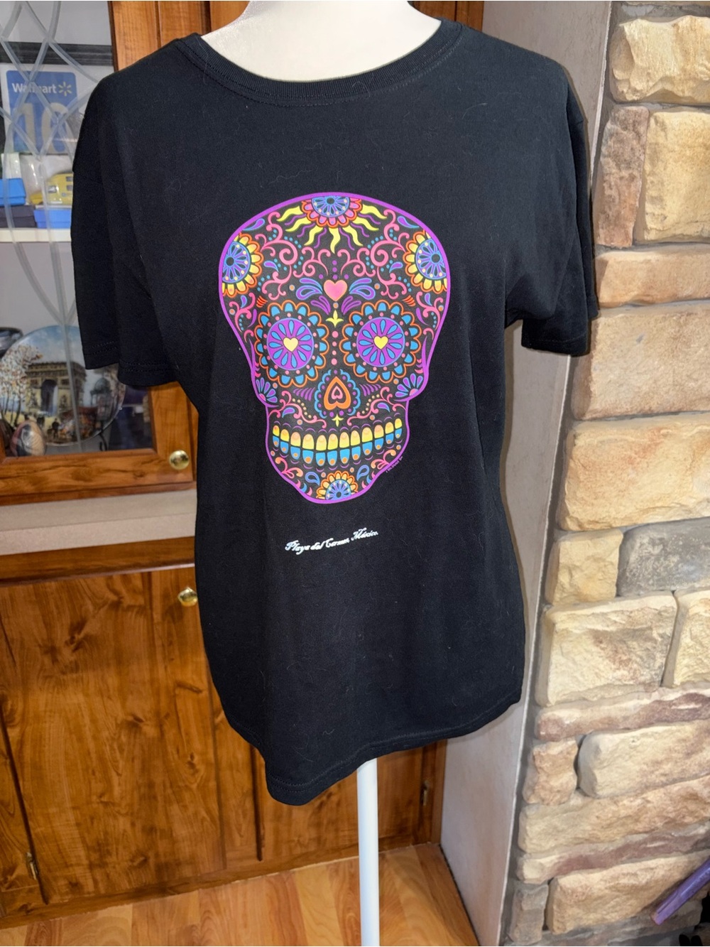 Black Decorative Sugar Skull Graphic Tee Playa del Carmen Mexico never worn